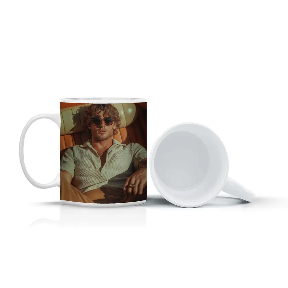 Man Relaxing in Vintage Convertible Car – Mugs