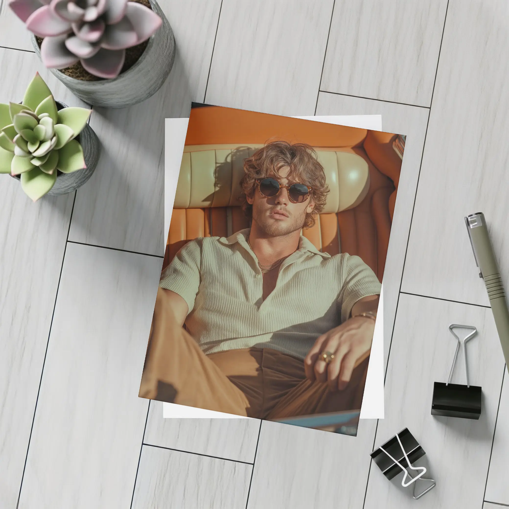 Man Relaxing in Vintage Convertible Car – Postcards