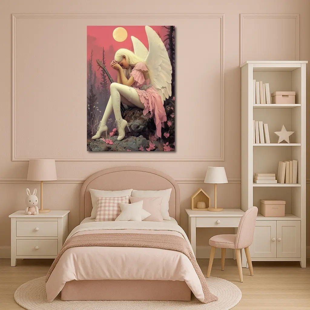 Angel Girl Pink Dress Moonlit Forest – Wall Art