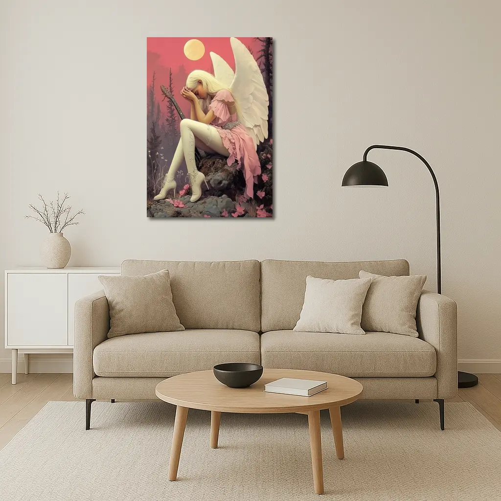 Angel Girl Pink Dress Moonlit Forest – Wall Art