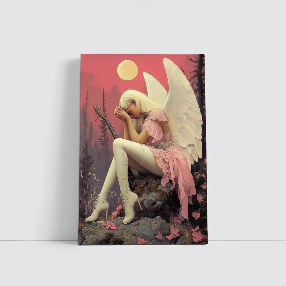 Angel Girl Pink Dress Moonlit Forest – Wall Art