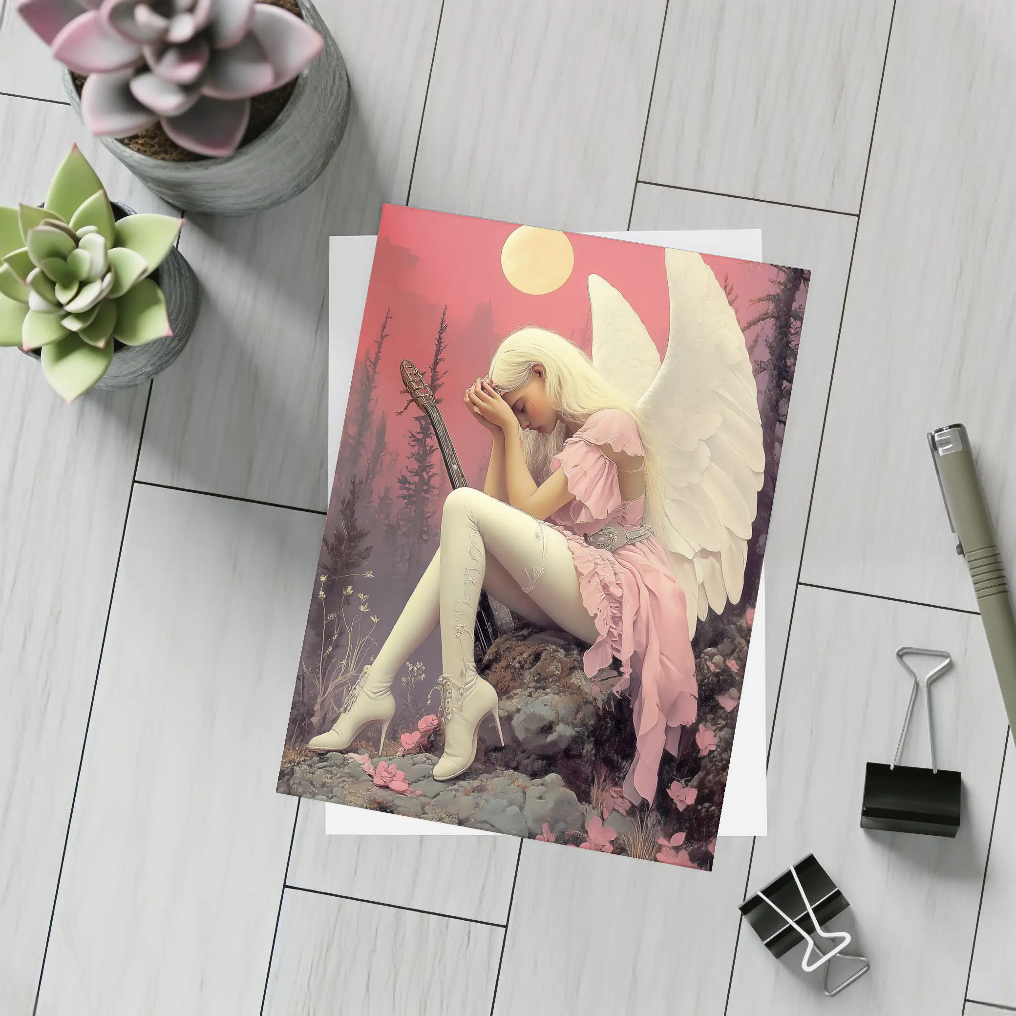 Angel Girl Pink Dress Moonlit Forest – Postcards