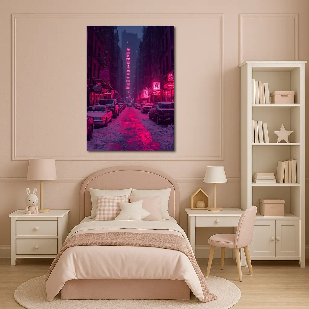 Neon Pink City Street Winter Night – Wall Art