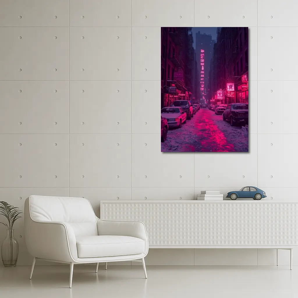 Neon Pink City Street Winter Night – Wall Art