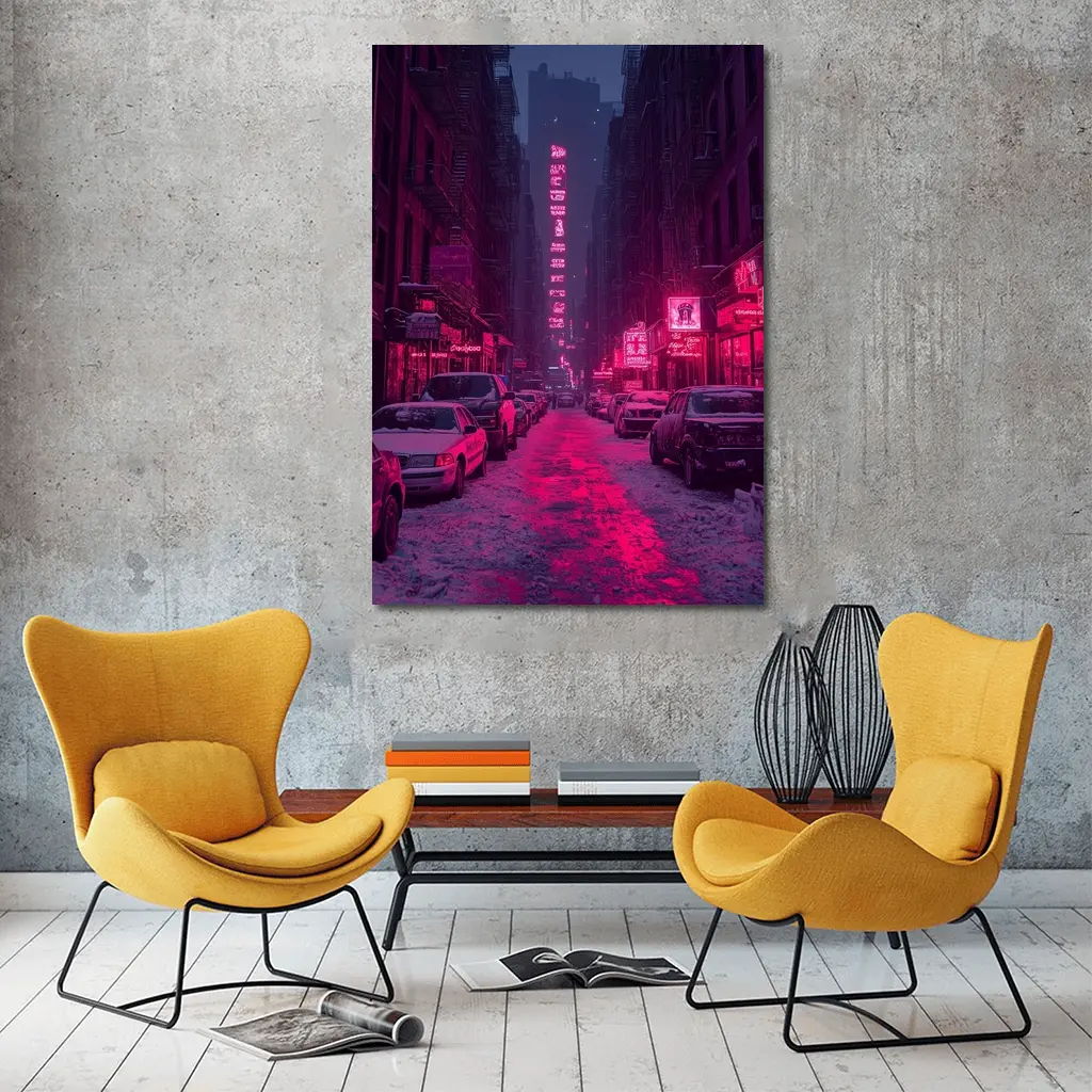 Neon Pink City Street Winter Night – Wall Art