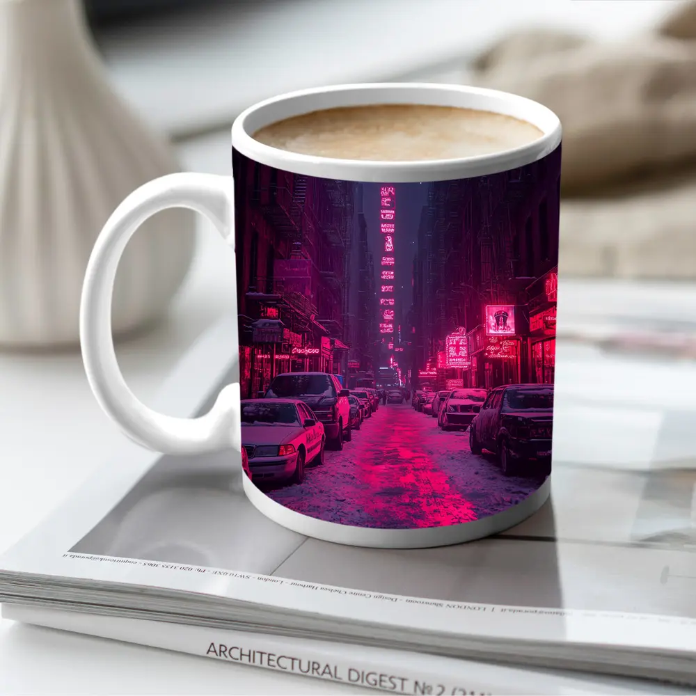 Neon Pink City Street Winter Night – Mugs