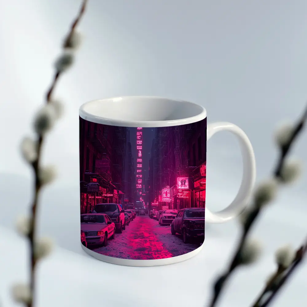 Neon Pink City Street Winter Night – Mugs