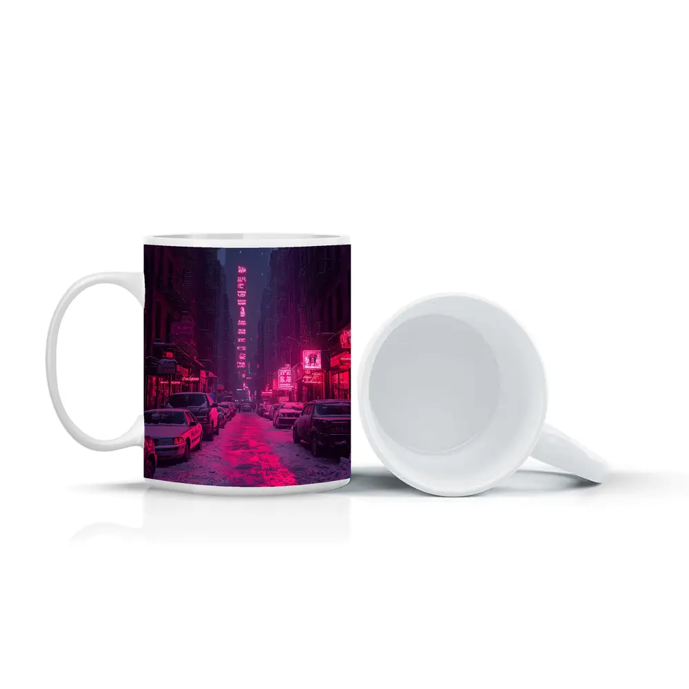Neon Pink City Street Winter Night – Mugs