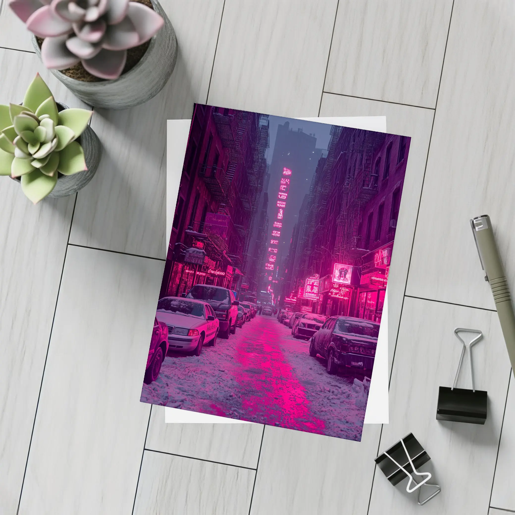 Neon Pink City Street Winter Night – Postcards