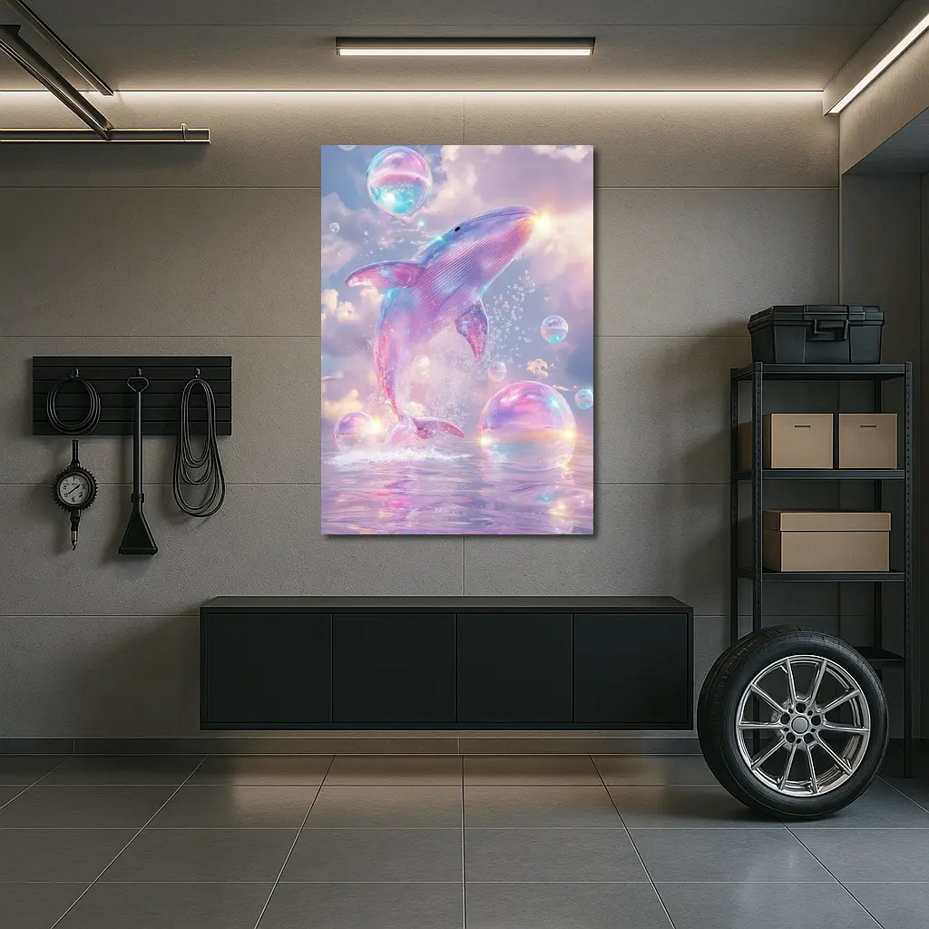 Pink Whale Jumping Iridescent Bubbles Dreamy Sky – Wall Art