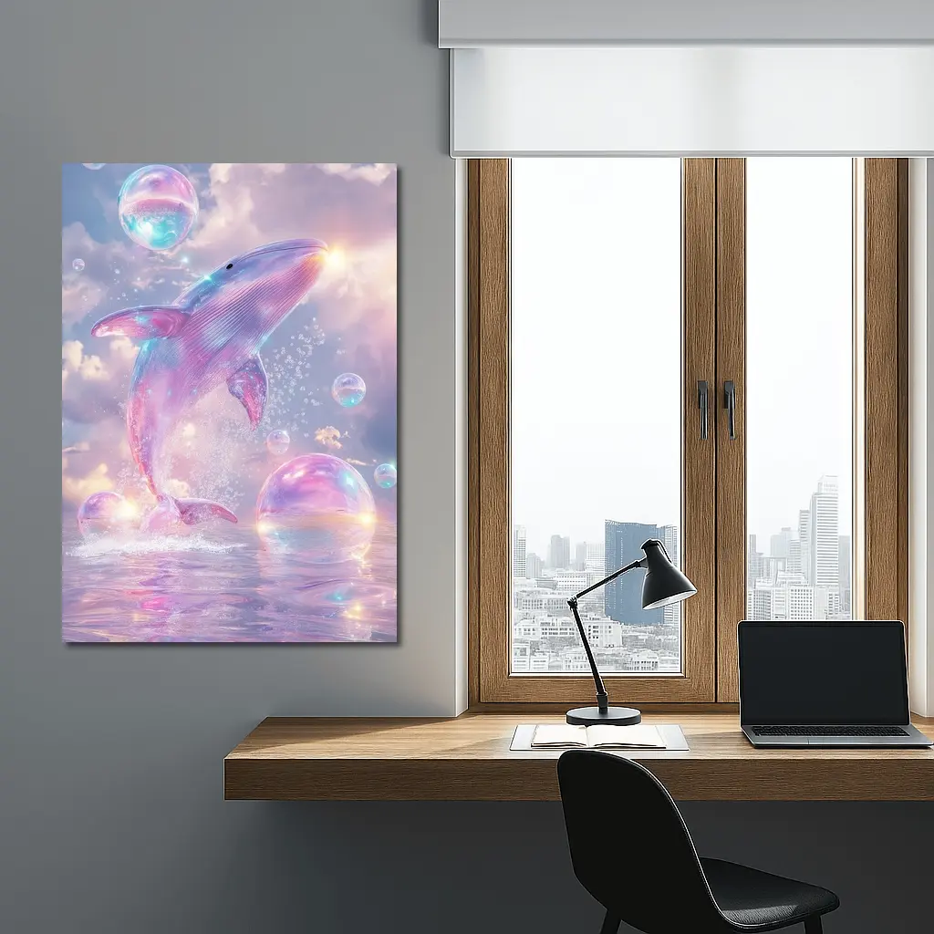 Pink Whale Jumping Iridescent Bubbles Dreamy Sky – Wall Art