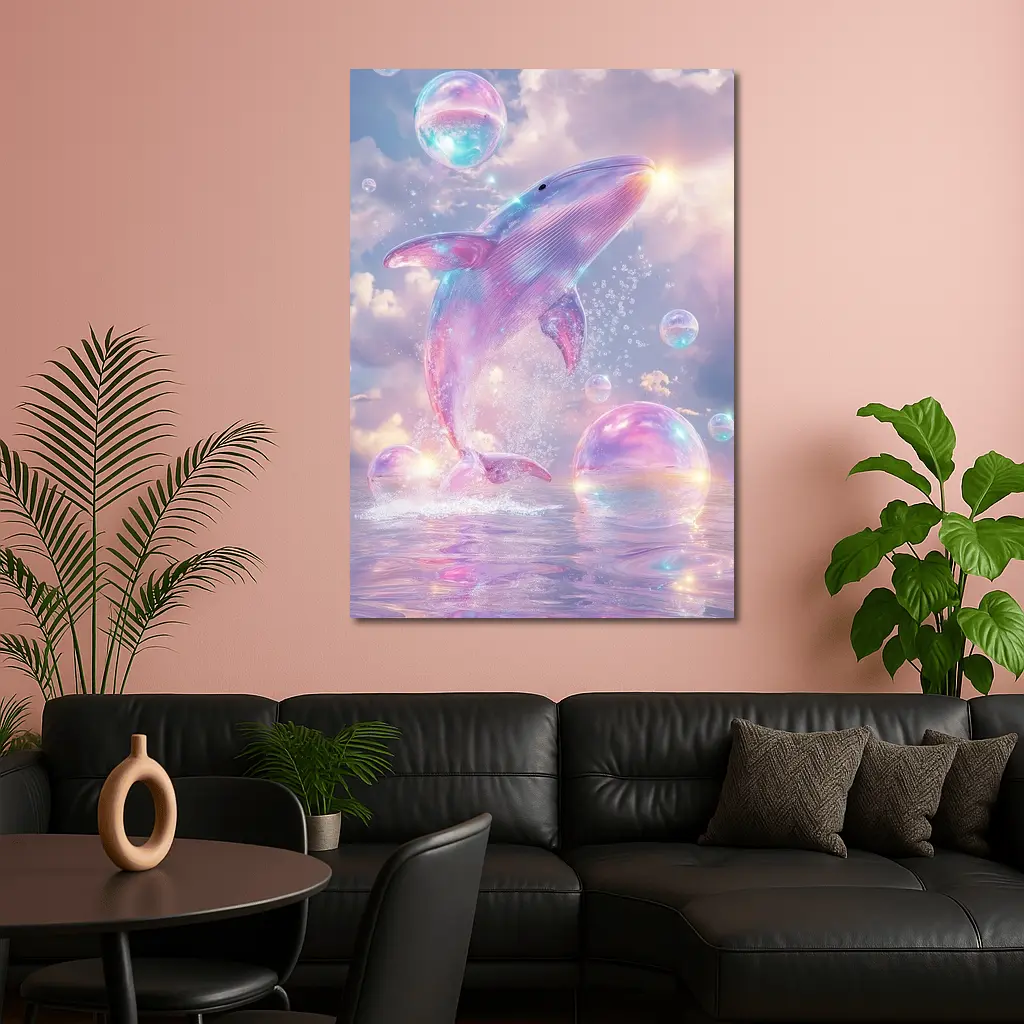 Pink Whale Jumping Iridescent Bubbles Dreamy Sky – Wall Art