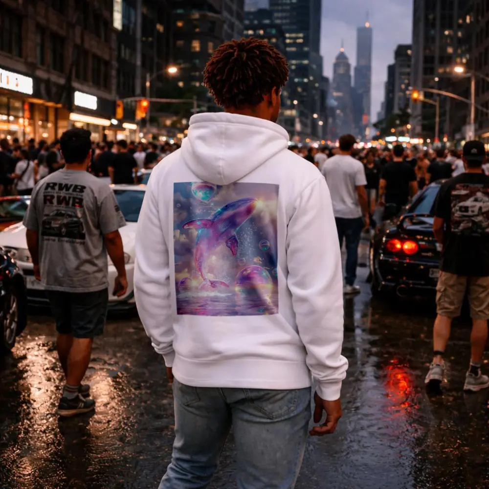Pink Whale Jumping Iridescent Bubbles Dreamy Sky – Hoodies