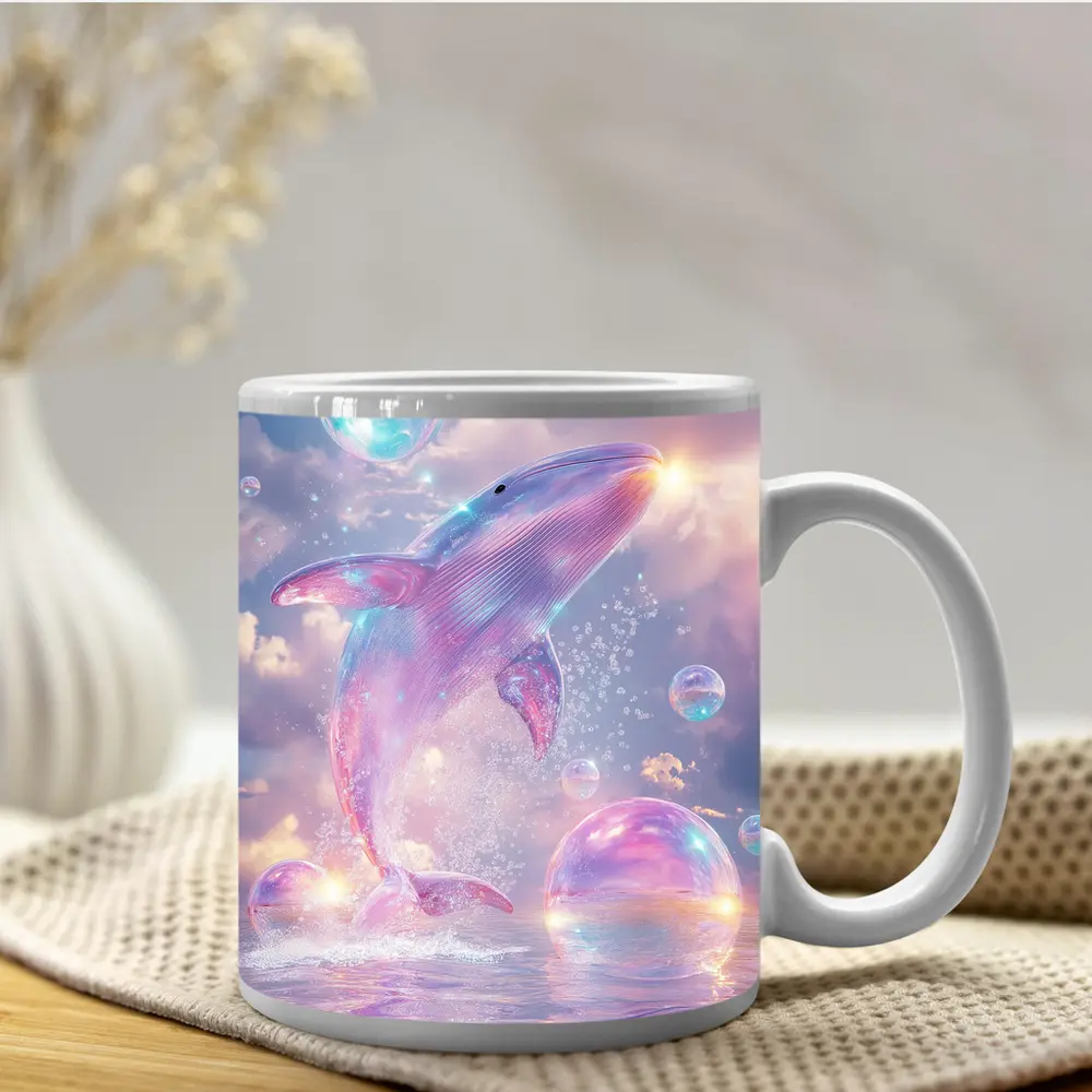 Pink Whale Jumping Iridescent Bubbles Dreamy Sky – Mugs