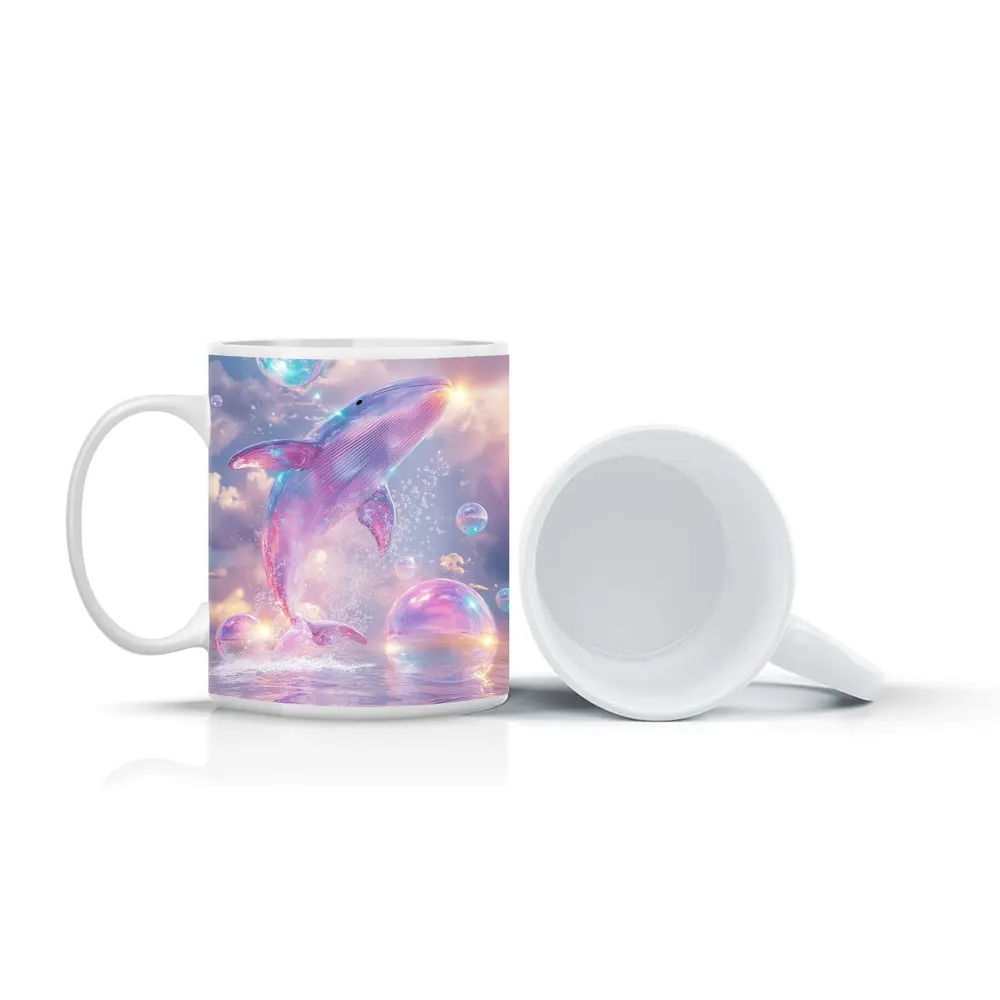 Pink Whale Jumping Iridescent Bubbles Dreamy Sky – Mugs
