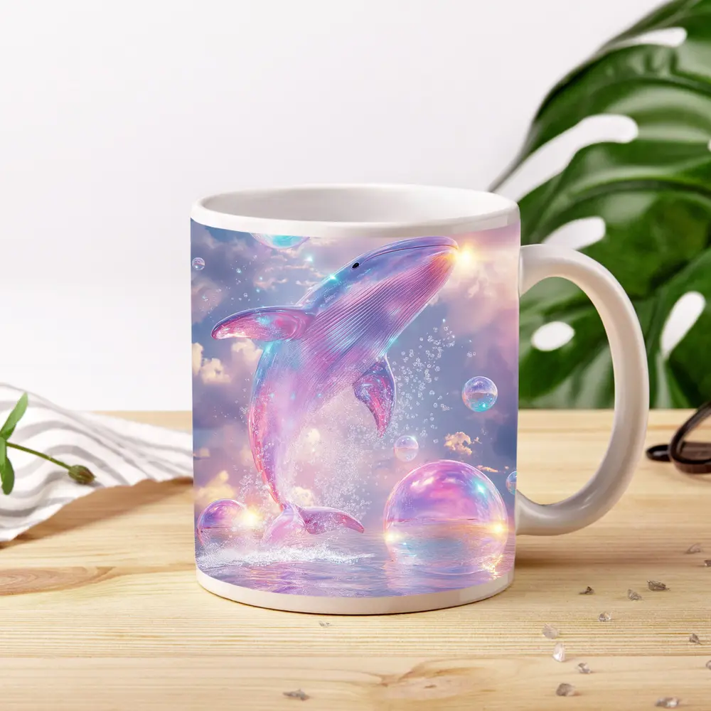 Pink Whale Jumping Iridescent Bubbles Dreamy Sky – Mugs
