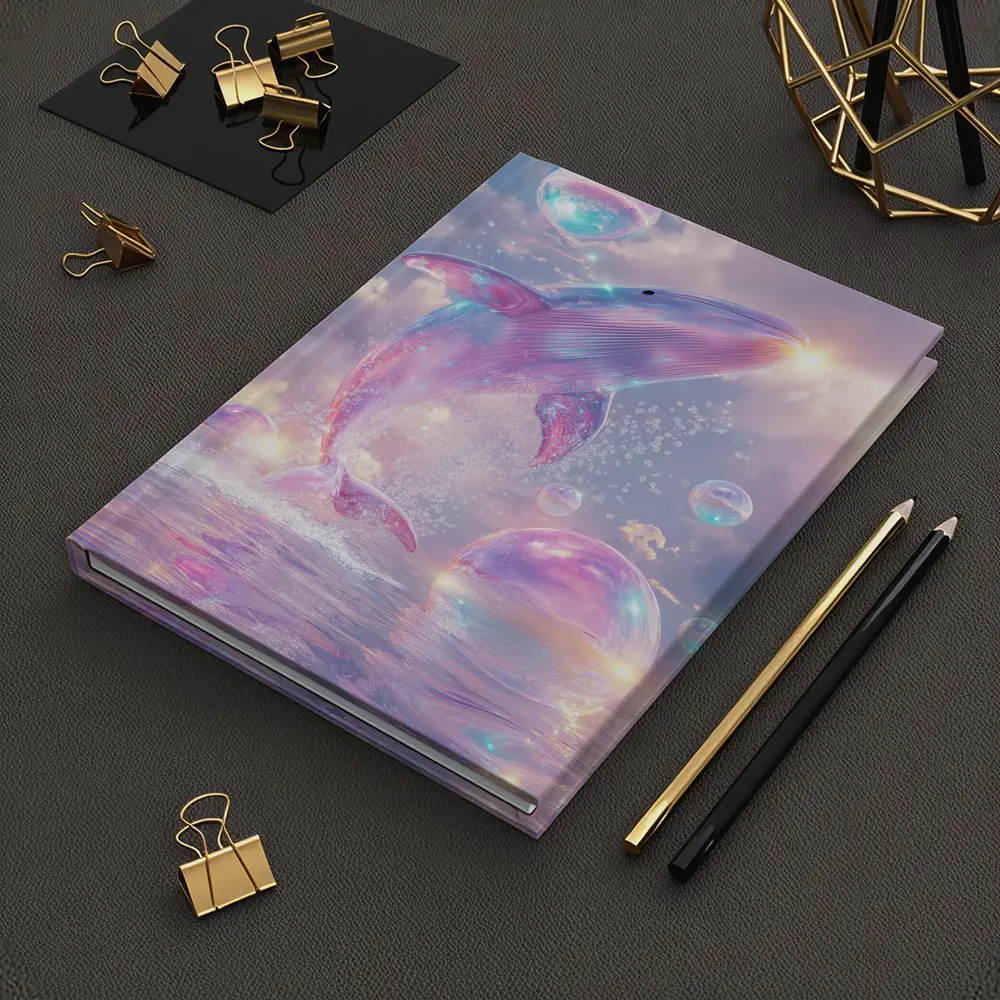 Pink Whale Jumping Iridescent Bubbles Dreamy Sky – Notebooks