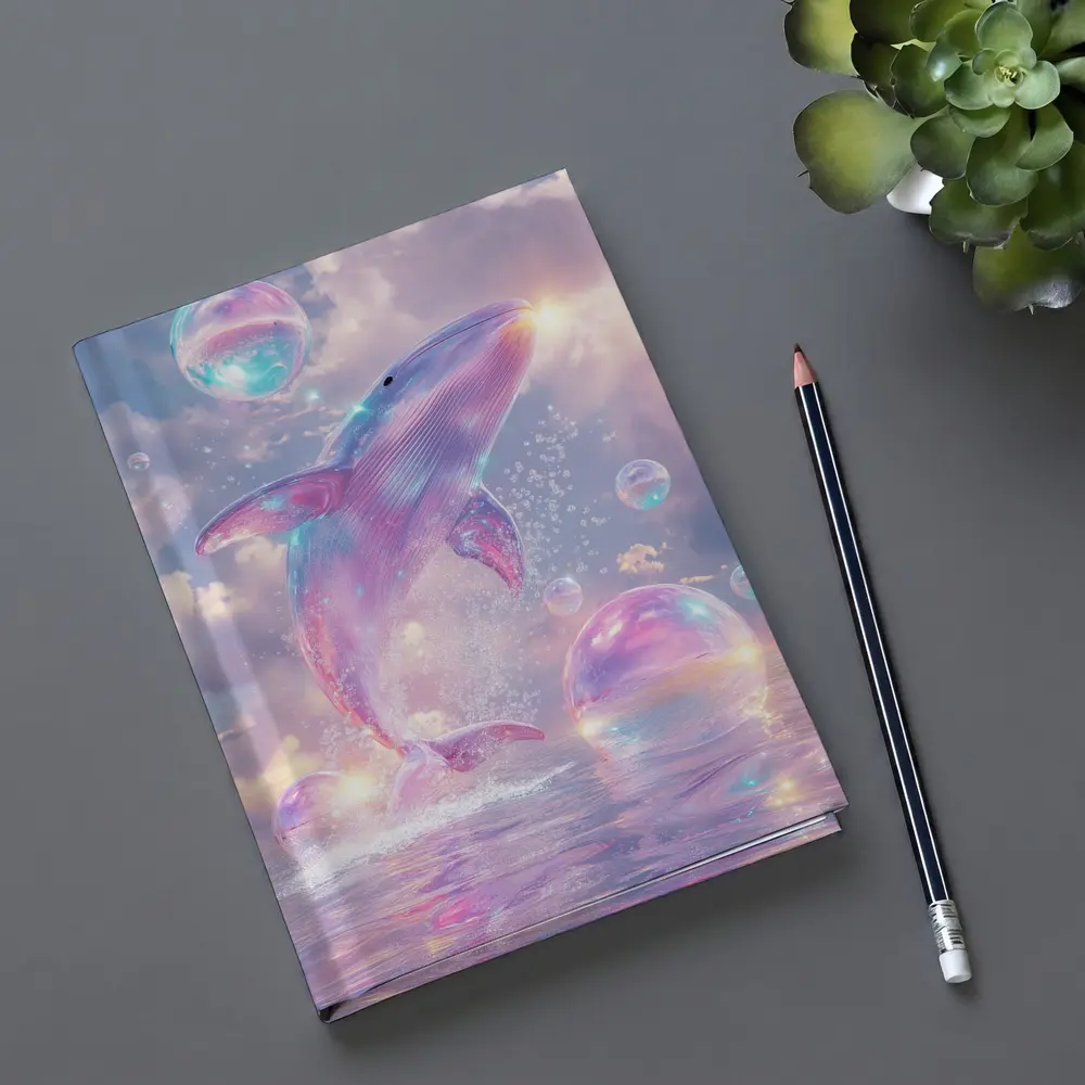 Pink Whale Jumping Iridescent Bubbles Dreamy Sky – Notebooks