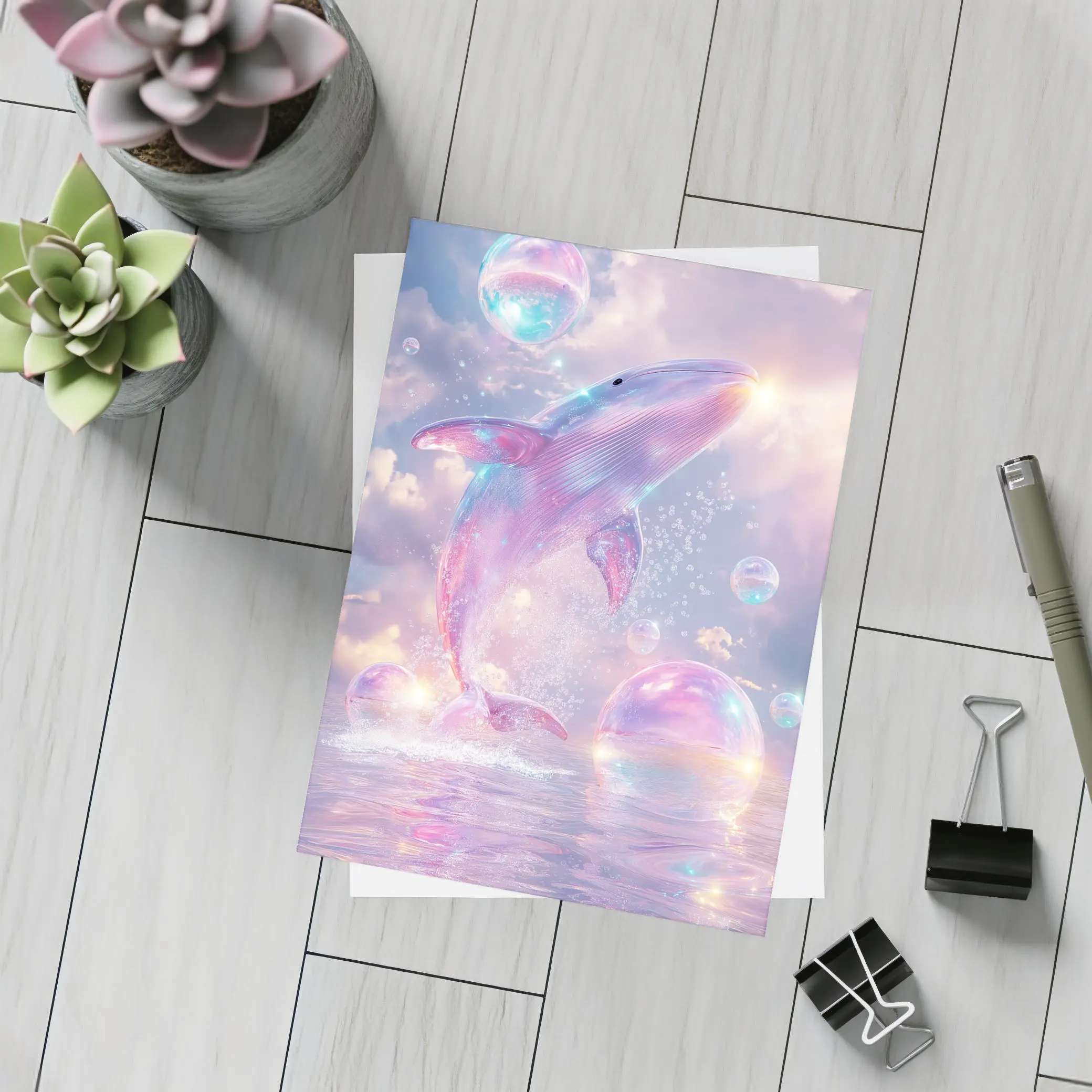 Pink Whale Jumping Iridescent Bubbles Dreamy Sky – Postcards