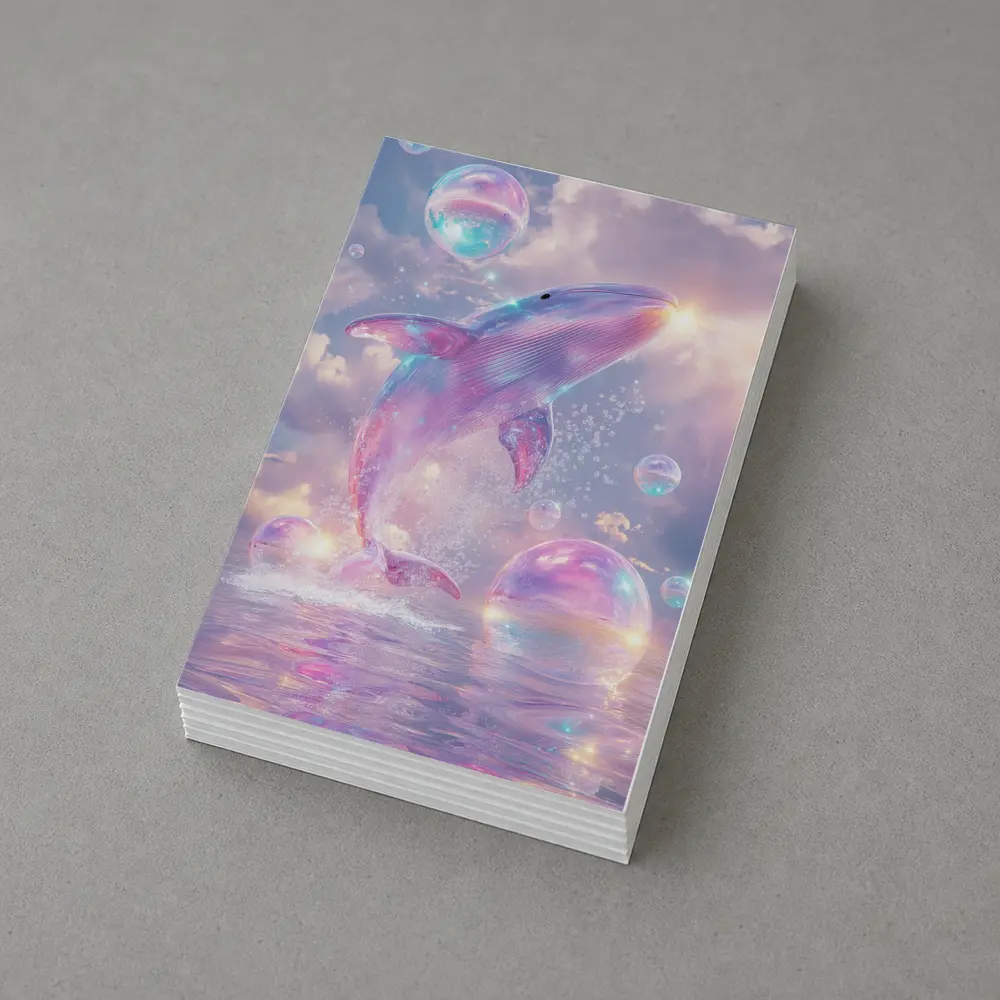Pink Whale Jumping Iridescent Bubbles Dreamy Sky – Postcards