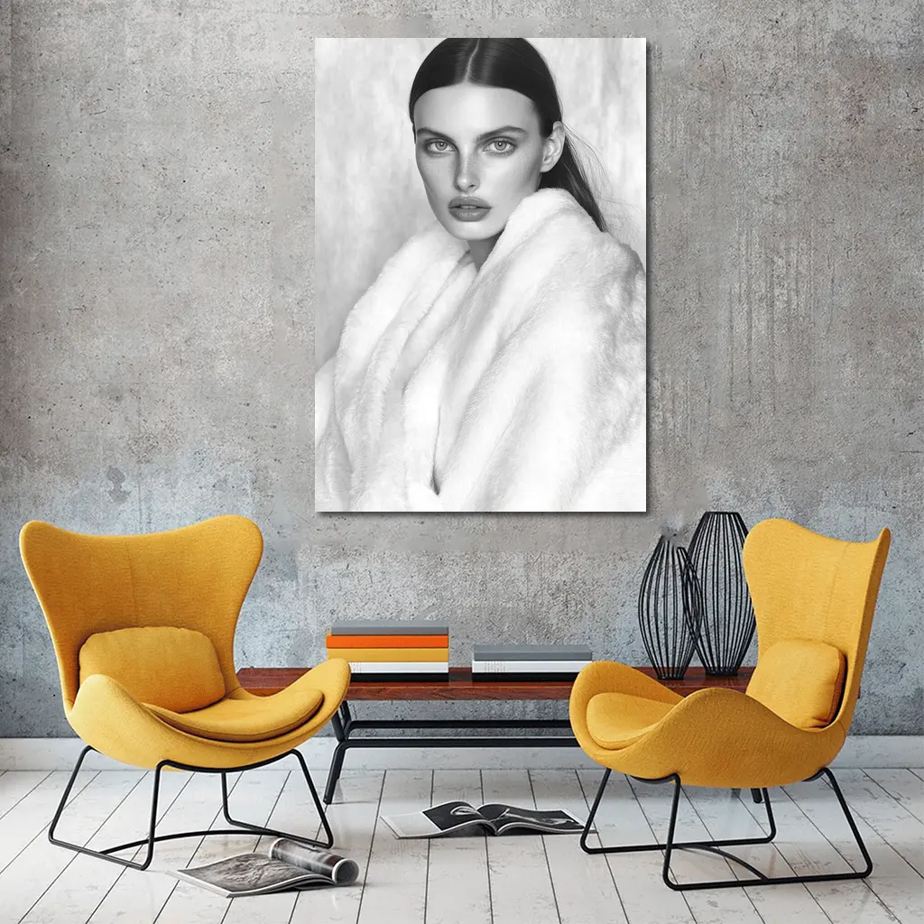 Black and White Fashion Model Fur Portrait – Wall Art