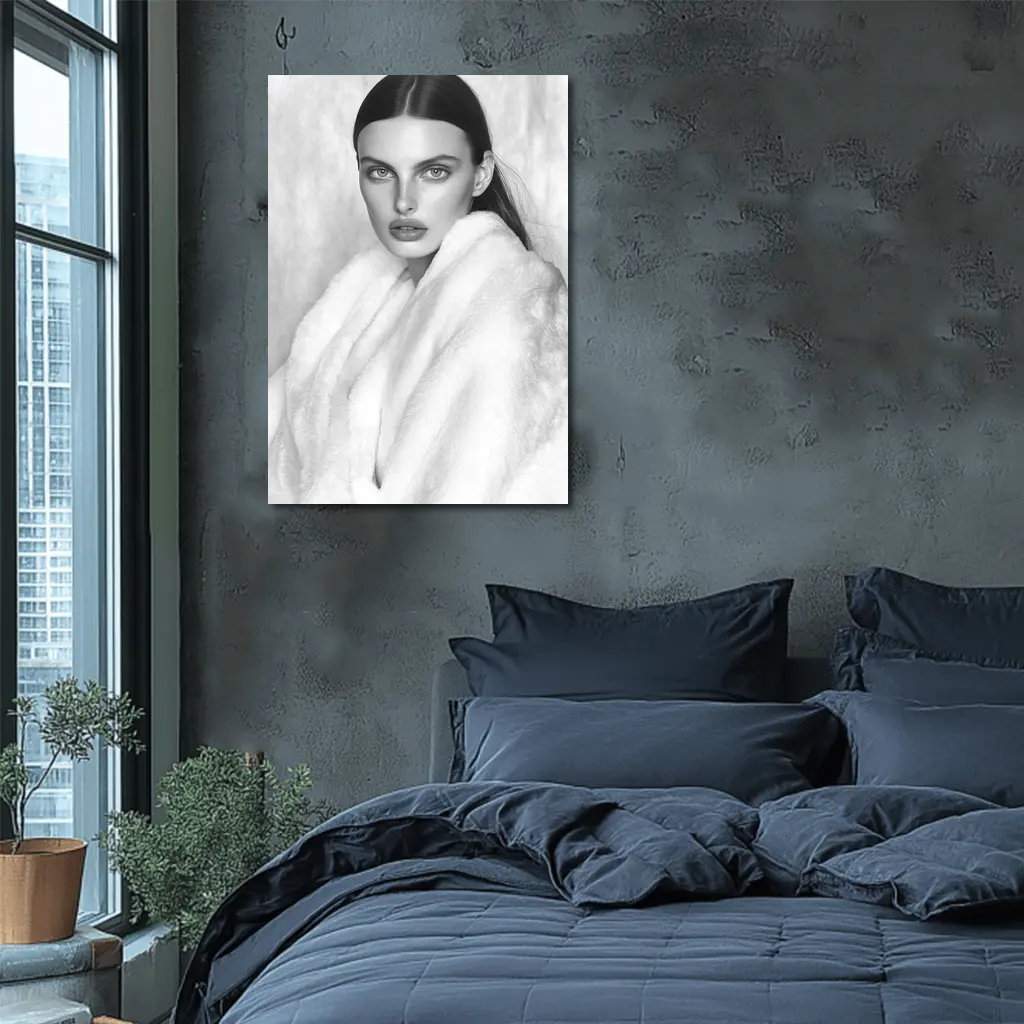 Black and White Fashion Model Fur Portrait – Wall Art