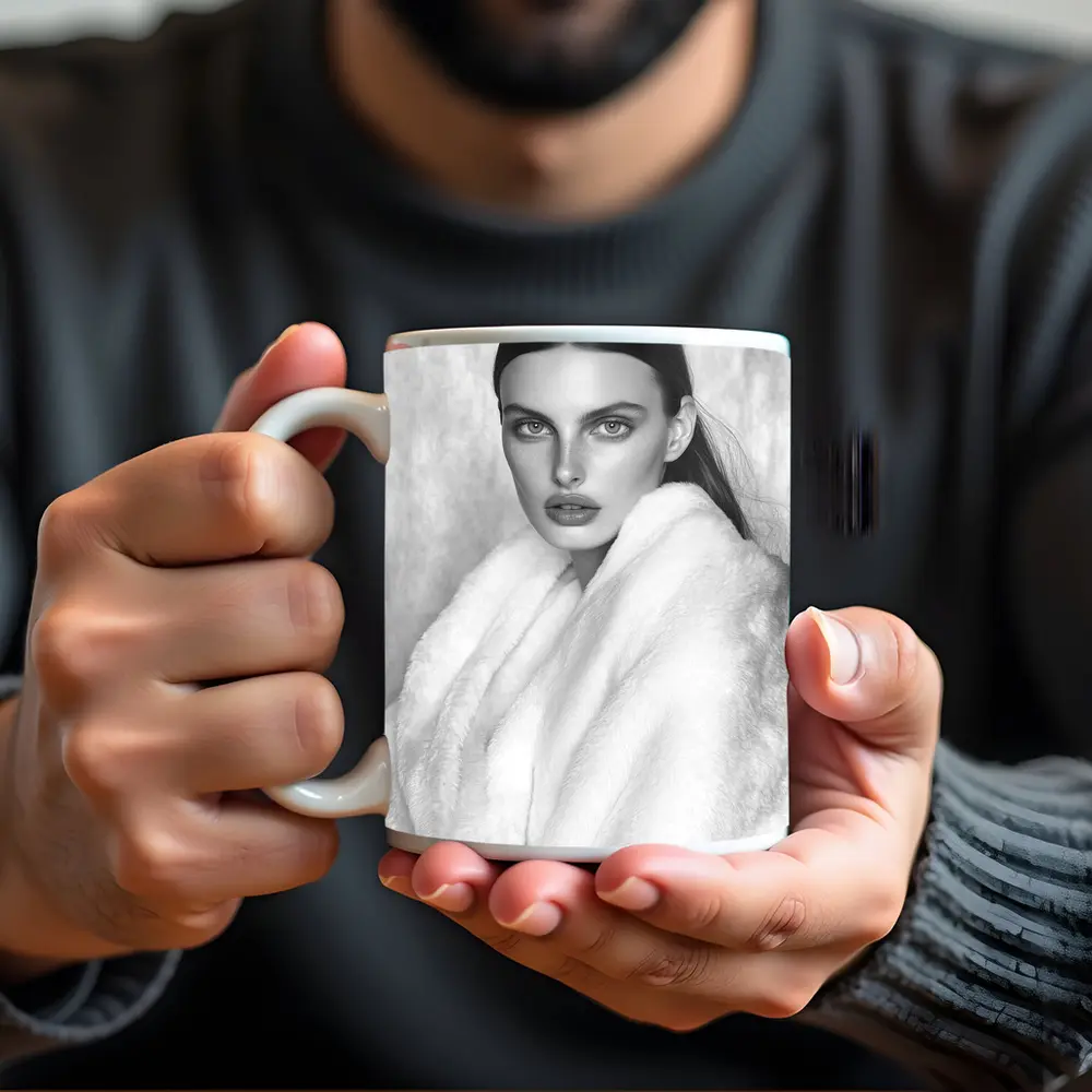 Black and White Fashion Model Fur Portrait – Mugs