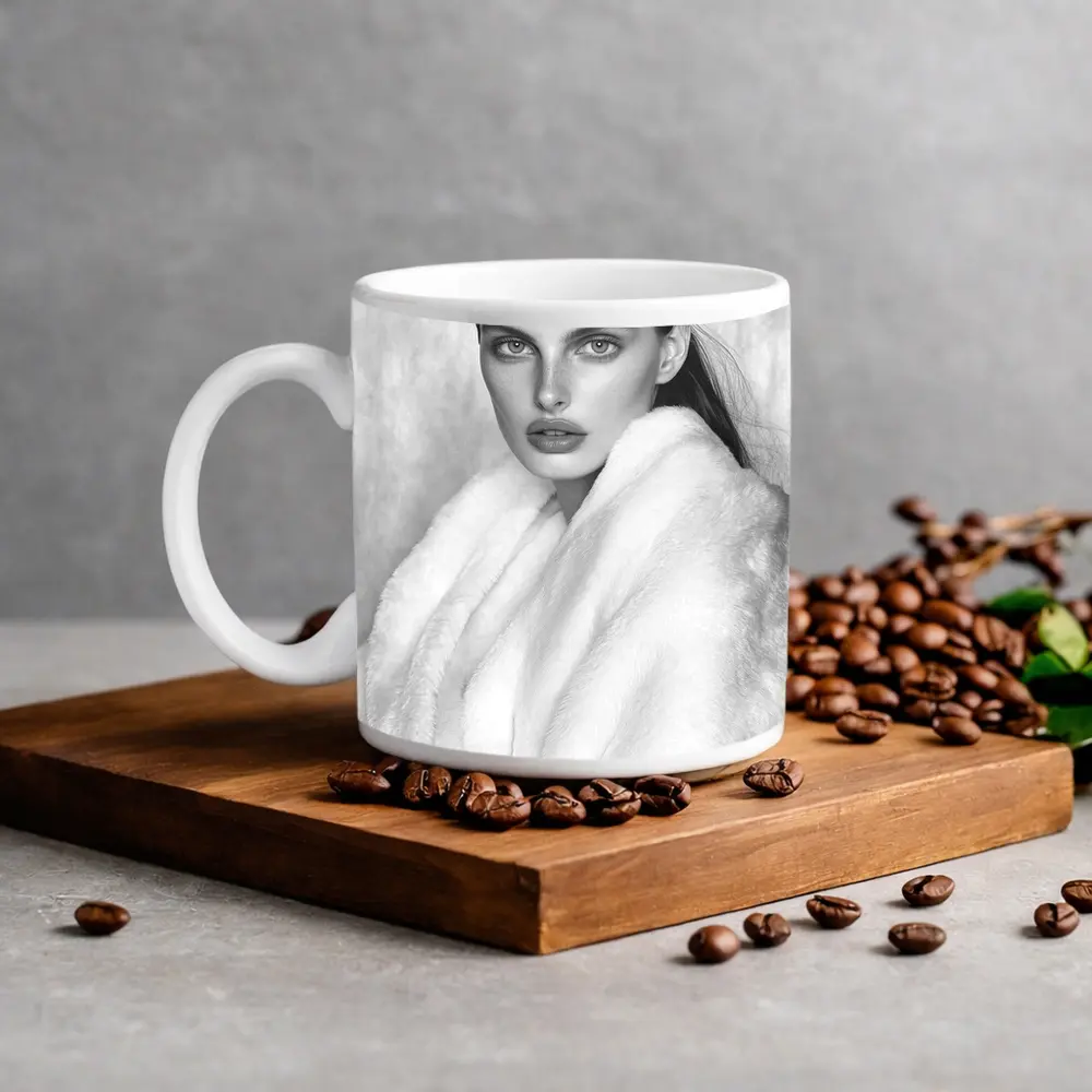 Black and White Fashion Model Fur Portrait – Mugs