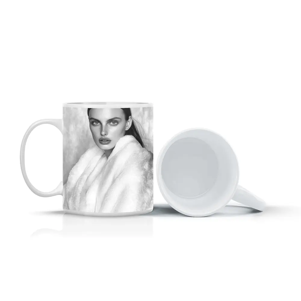 Black and White Fashion Model Fur Portrait – Mugs