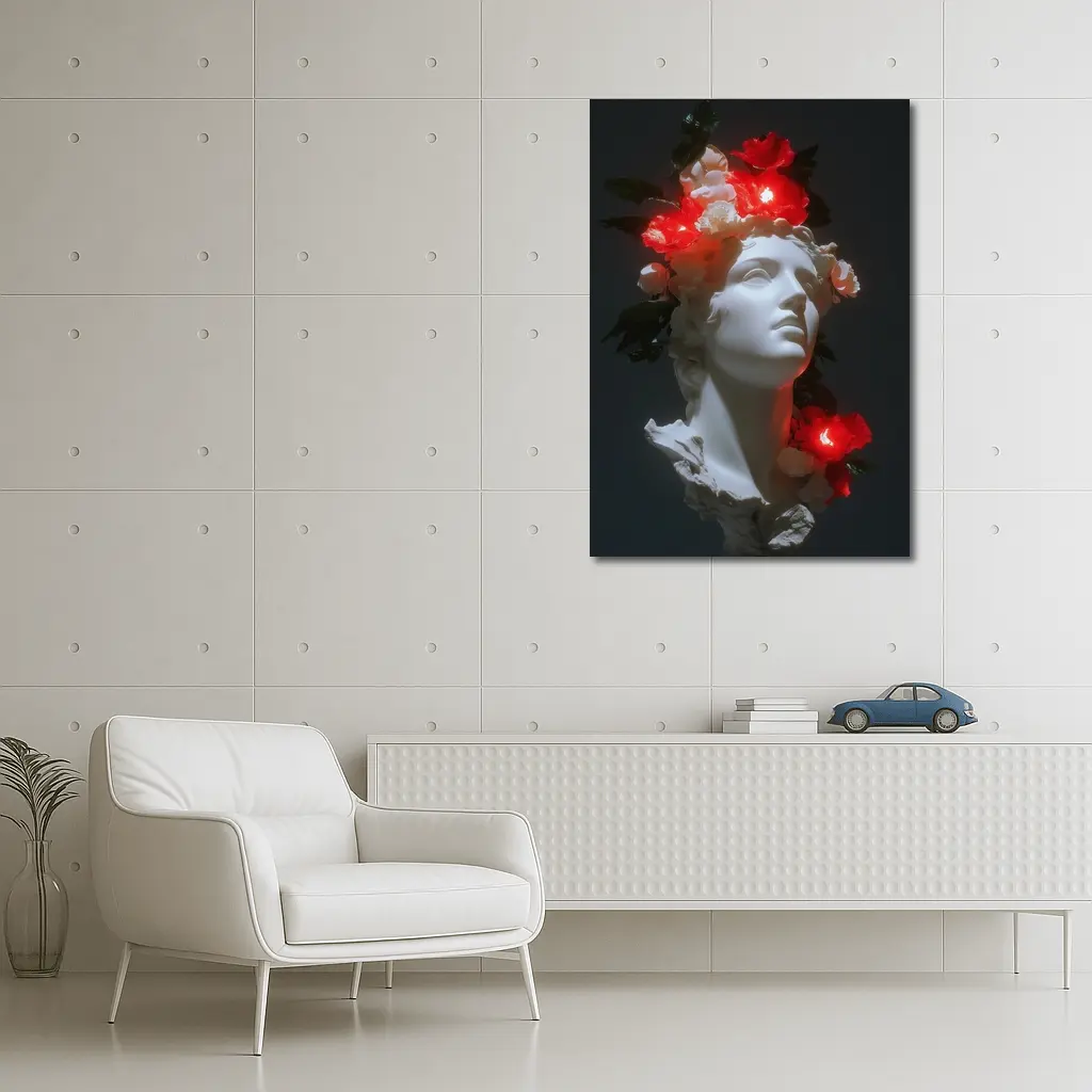 White Greek Statue Glowing Red Flowers Dark – Wall Art