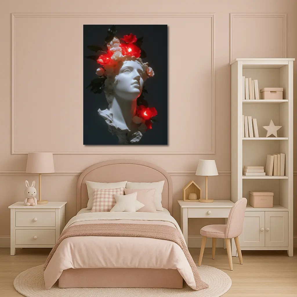 White Greek Statue Glowing Red Flowers Dark – Wall Art
