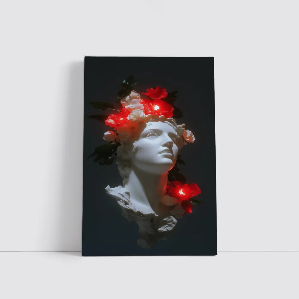 White Greek Statue Glowing Red Flowers Dark – Wall Art