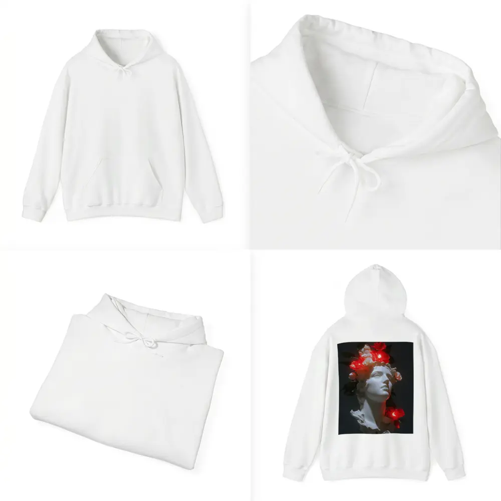White Greek Statue Glowing Red Flowers Dark – Hoodies