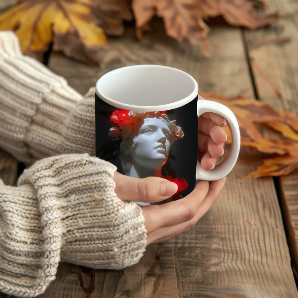 White Greek Statue Glowing Red Flowers Dark – Mugs