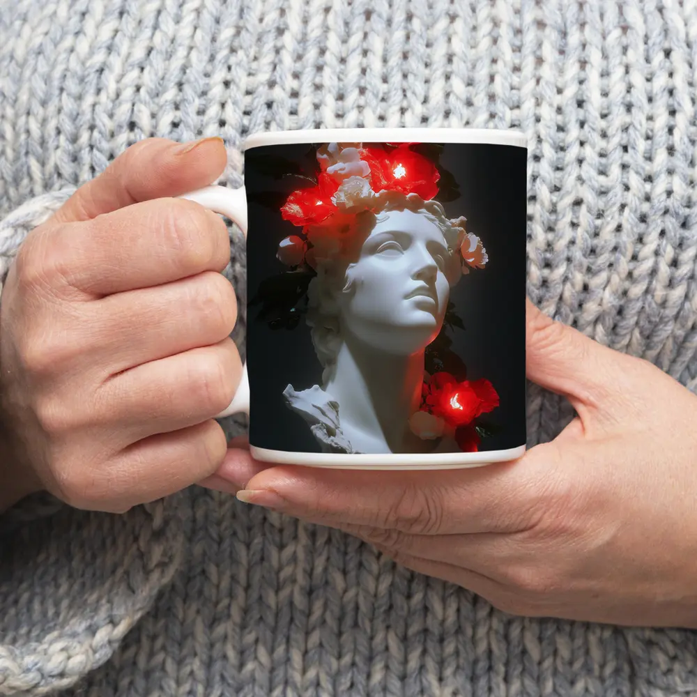 White Greek Statue Glowing Red Flowers Dark – Mugs