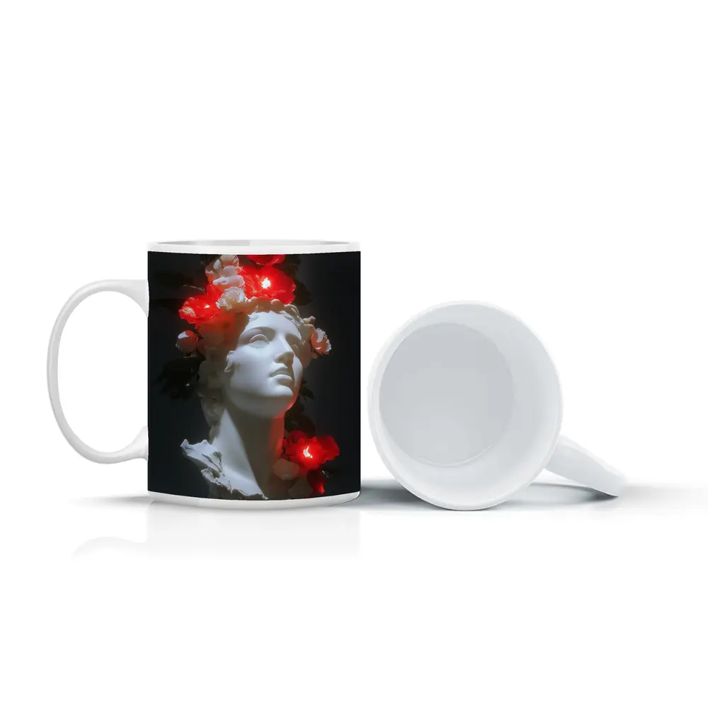 White Greek Statue Glowing Red Flowers Dark – Mugs