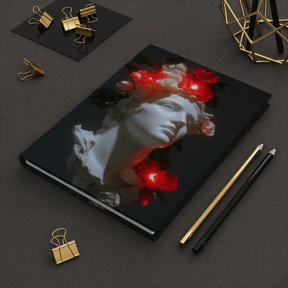 White Greek Statue Glowing Red Flowers Dark – Notebooks