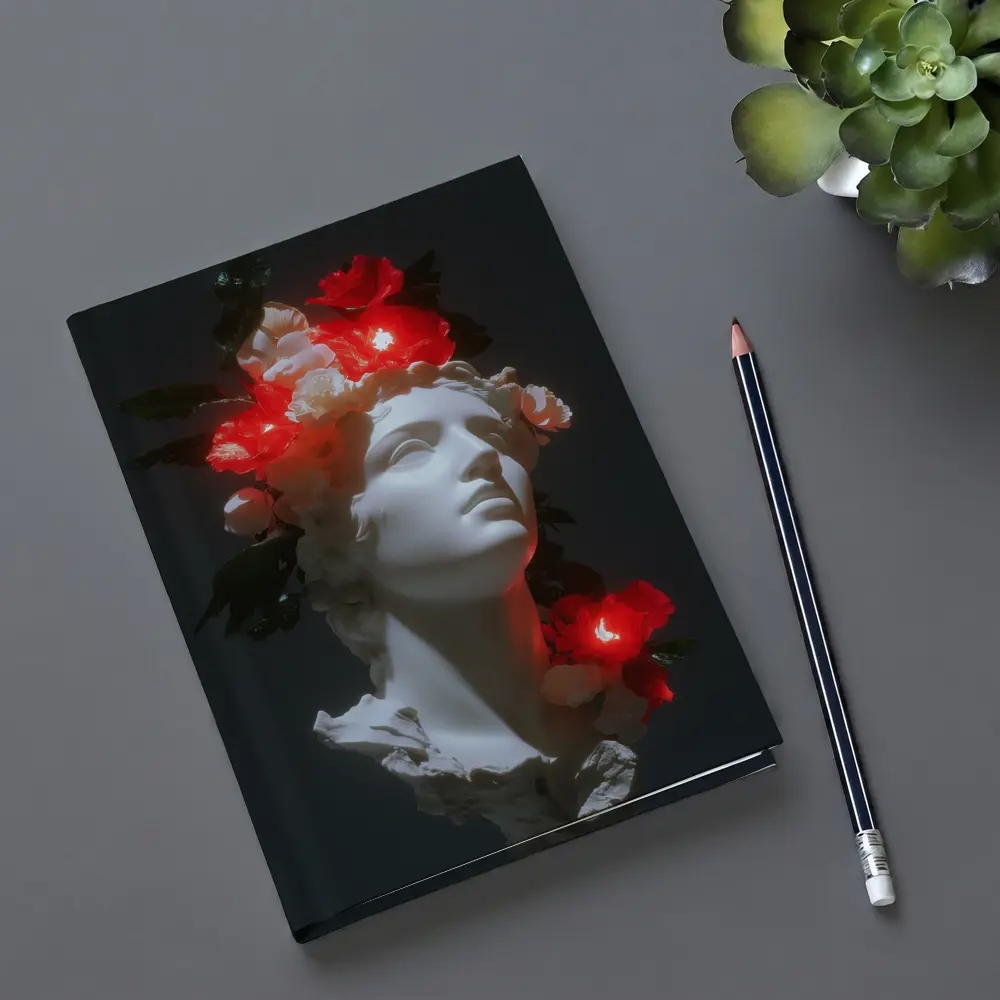 White Greek Statue Glowing Red Flowers Dark – Notebooks
