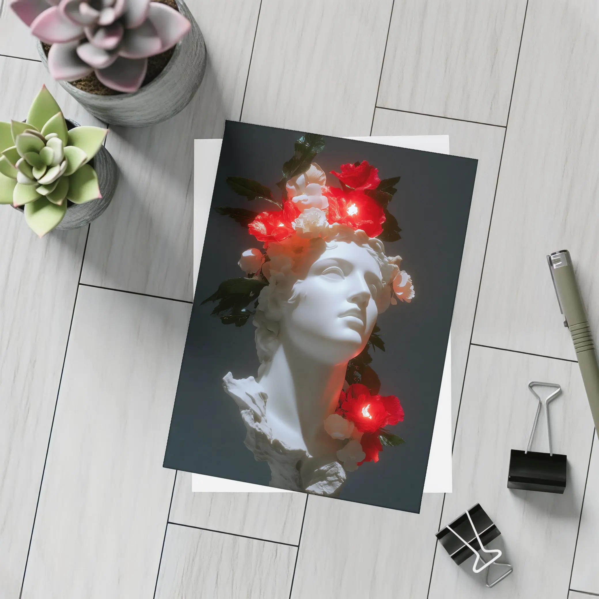 White Greek Statue Glowing Red Flowers Dark – Postcards