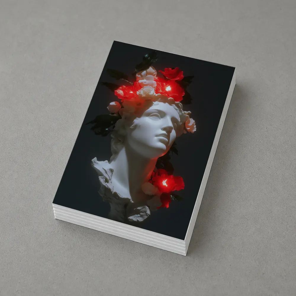 White Greek Statue Glowing Red Flowers Dark – Postcards