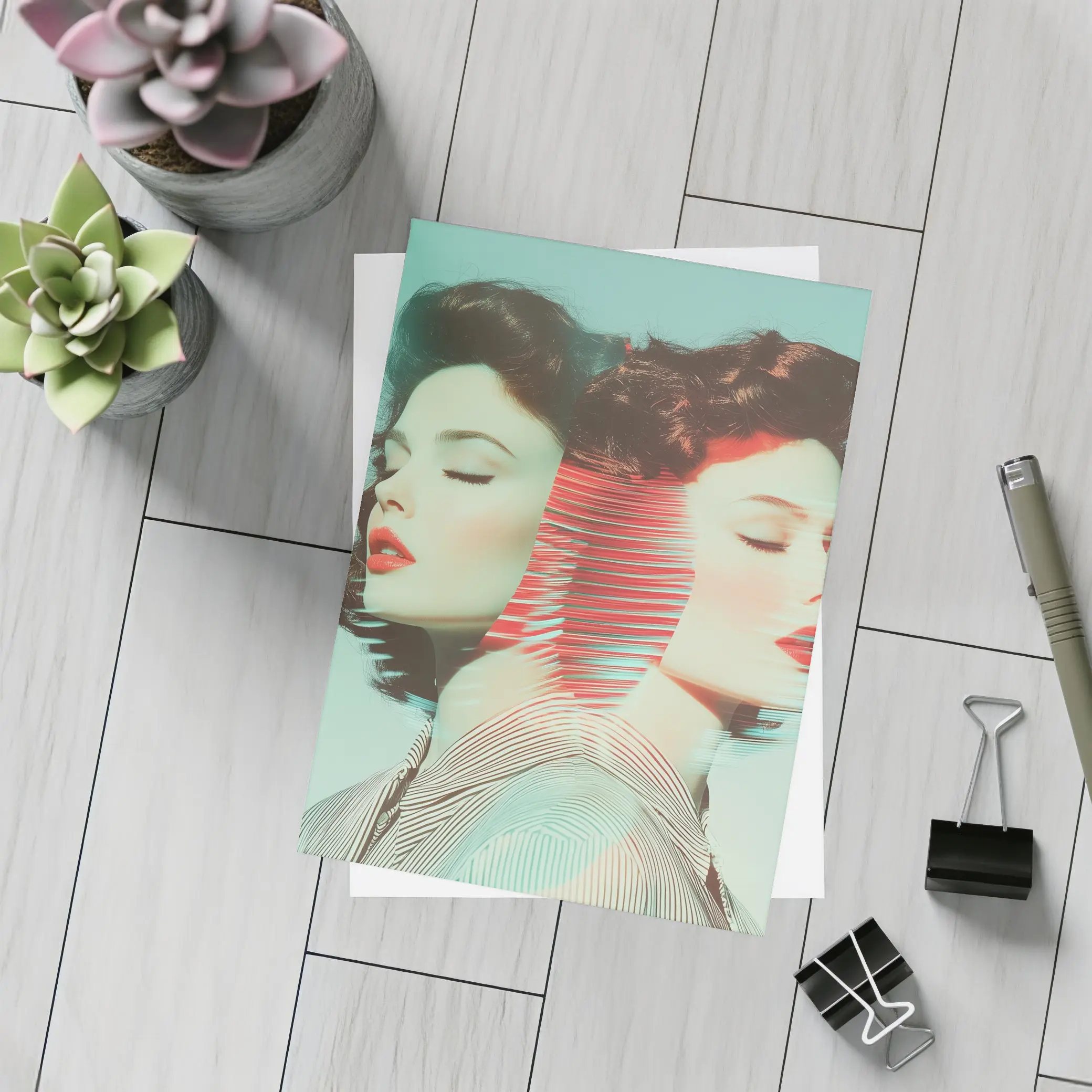 Retro Double Portrait Women Glitch Art – Postcards