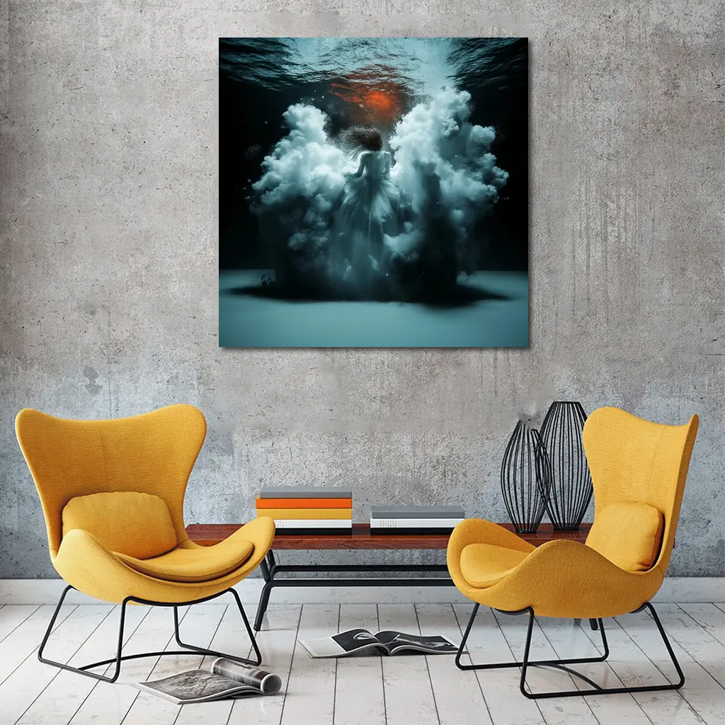 Woman In White Dress Underwater Dark Scene – Wall Art