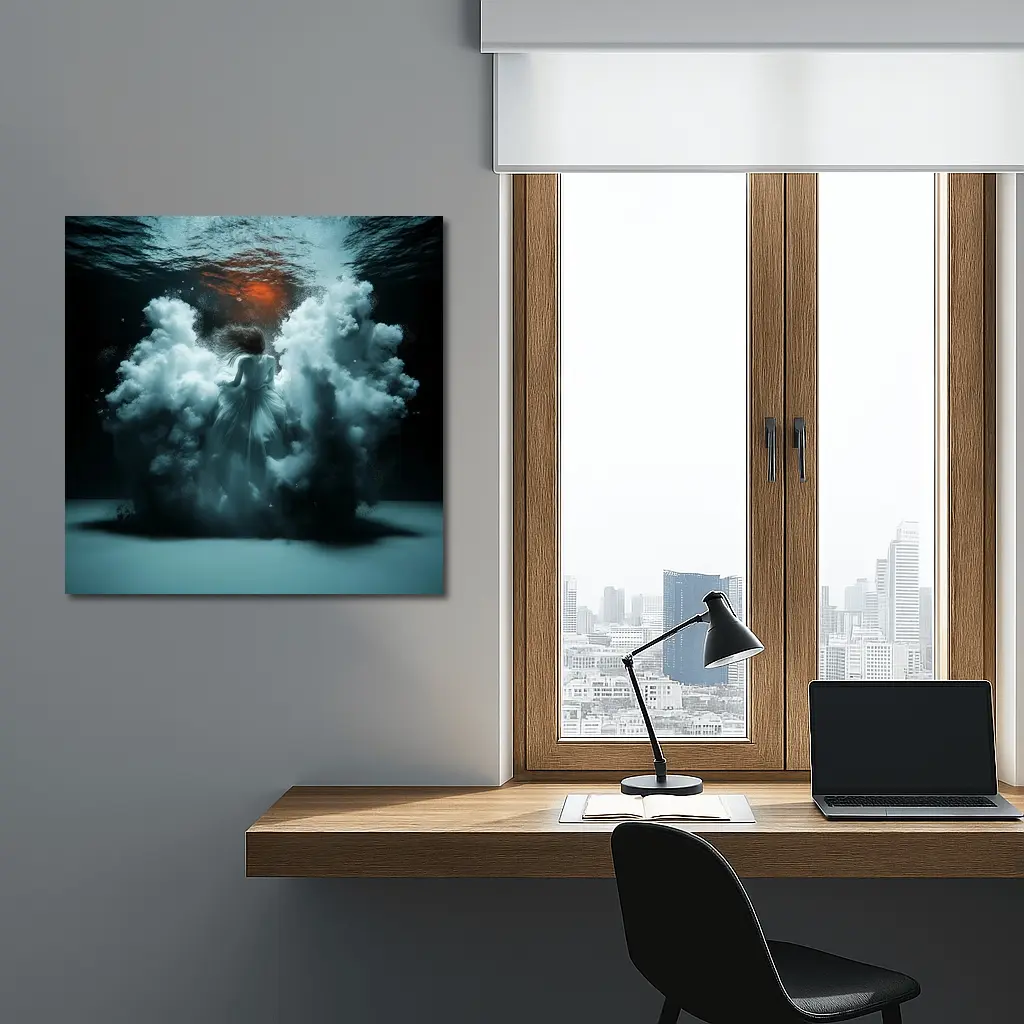 Woman In White Dress Underwater Dark Scene – Wall Art