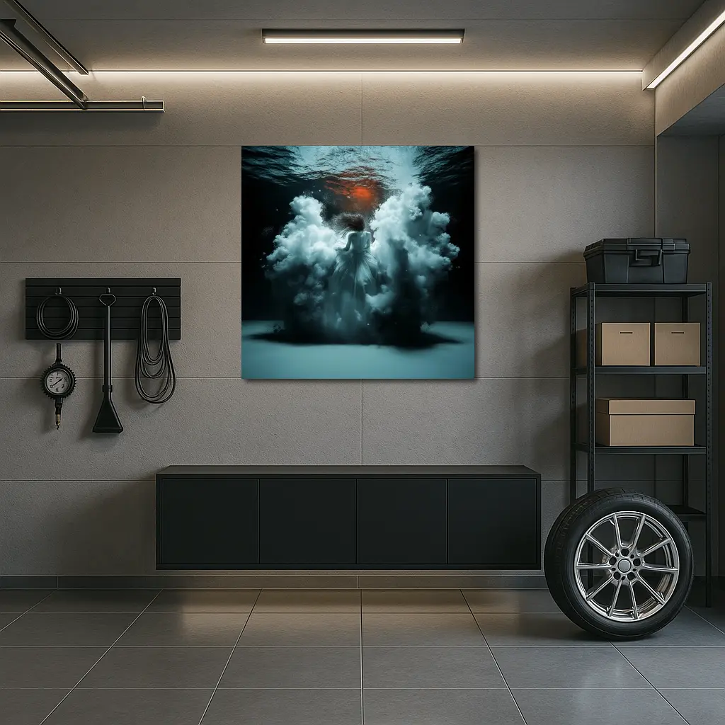 Woman In White Dress Underwater Dark Scene – Wall Art