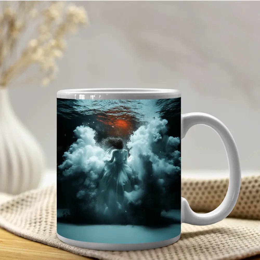 Woman In White Dress Underwater Dark Scene – Mugs