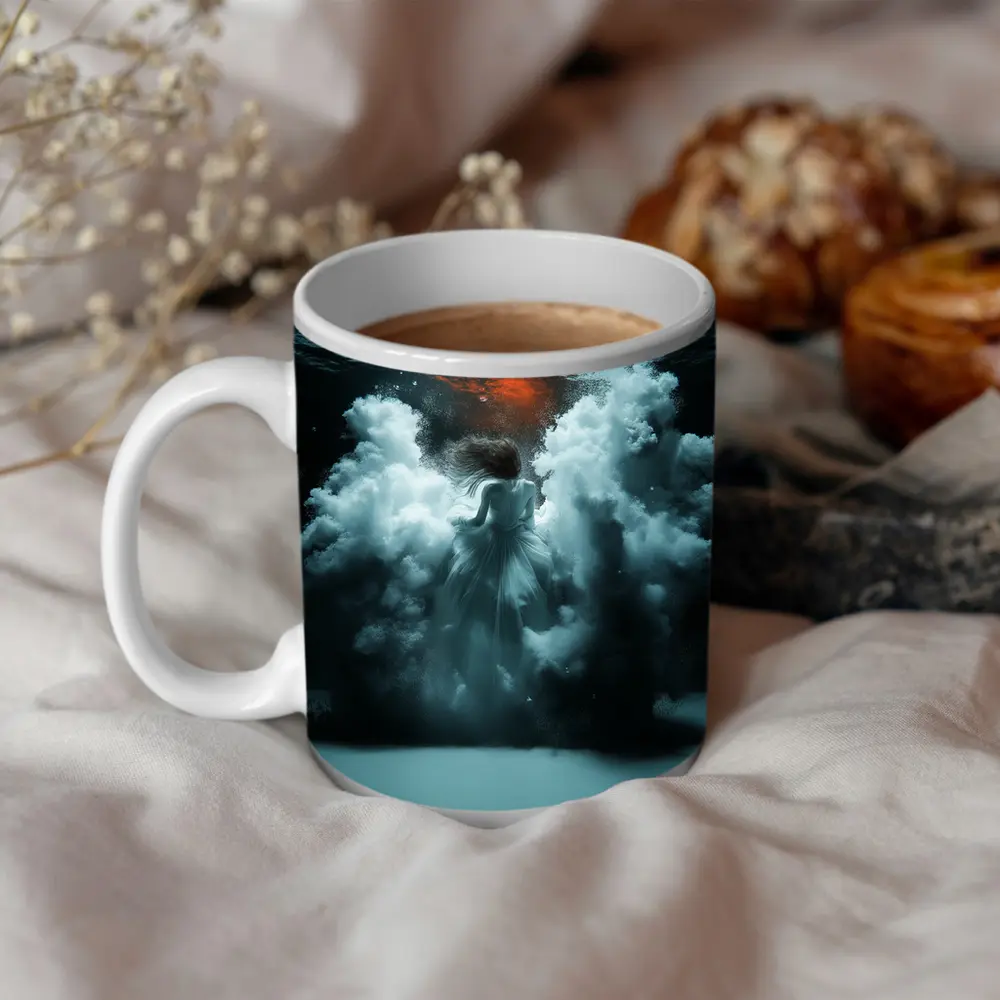 Woman In White Dress Underwater Dark Scene – Mugs