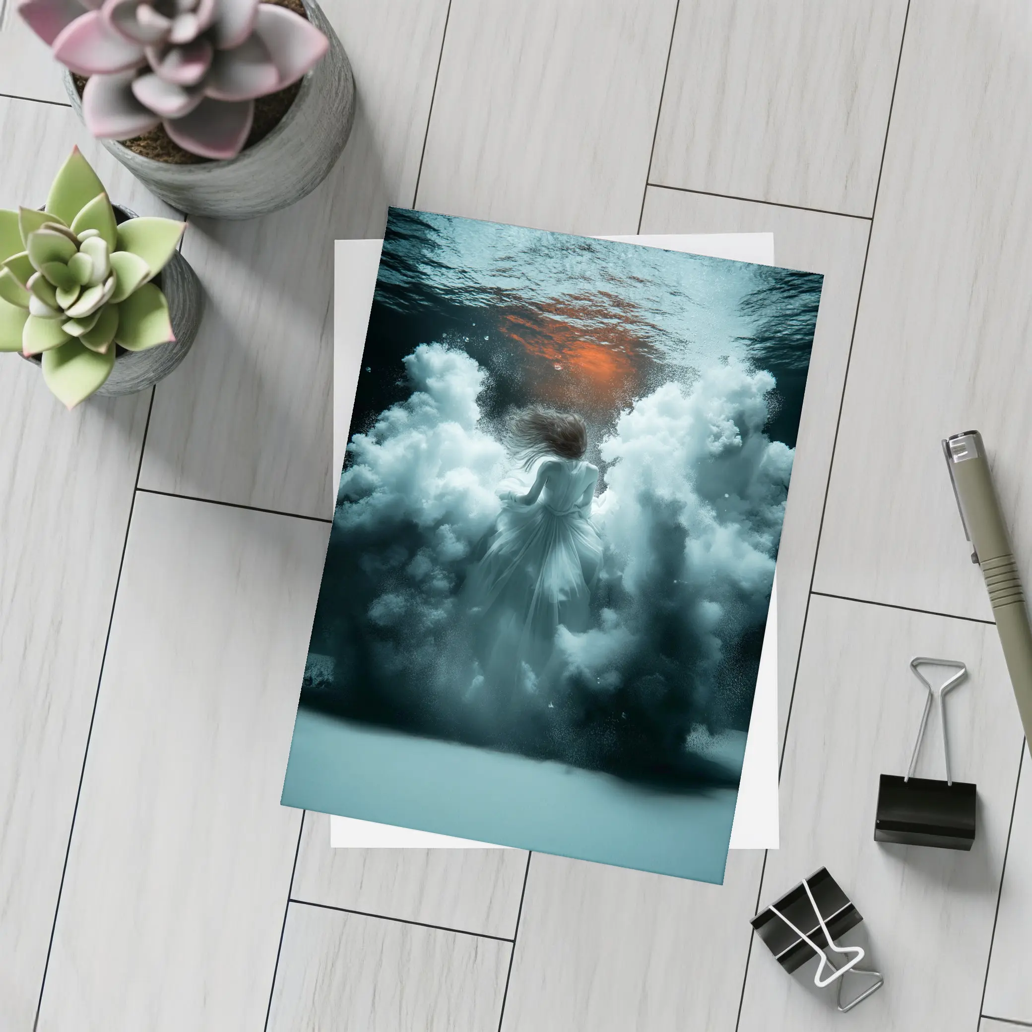 Woman In White Dress Underwater Dark Scene – Postcards