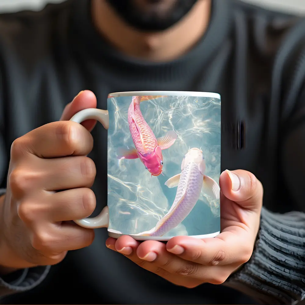 Pink White Koi Fish Clear Blue Water – Mugs