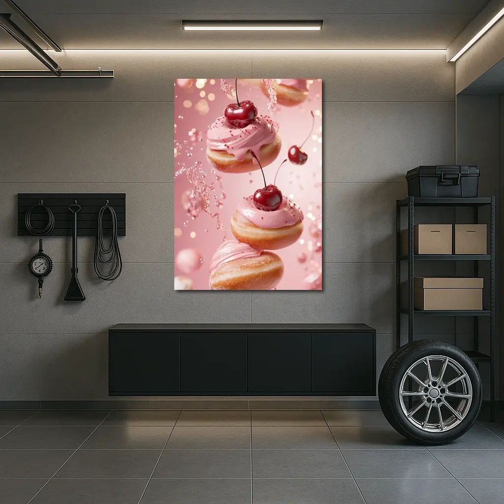 Cherry Donuts Falling Pink Frosting Background – Wall Art