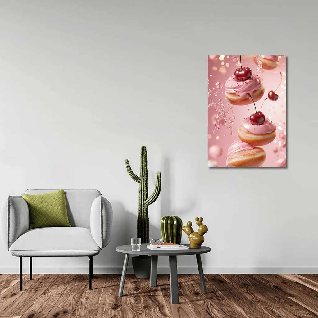 Cherry Donuts Falling Pink Frosting Background – Wall Art